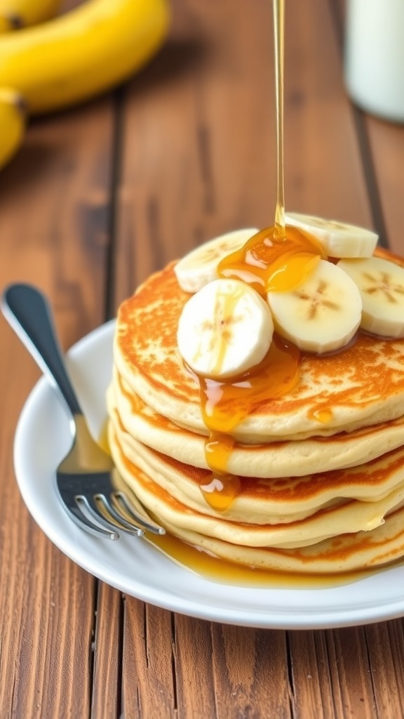 A stack of banana pancakes with banana slices and syrup on a rustic table.